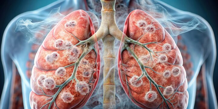 Close-up of lungs with white patches and inflammation due to bacterial infection, showing damage to alveoli, close-up macro photography, bacterial illness