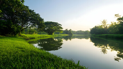 Serene River Landscape With Lush Green Vegetation and Trees Reflecting in Calm Water Under Bright Sunlight