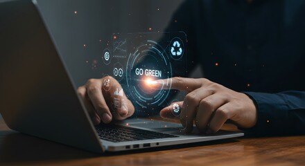 Businessman interacting with a digital interface displaying sustainability with Go Greenon concepts.environmental sustainability in business.The image conveys themes of eco-friendly