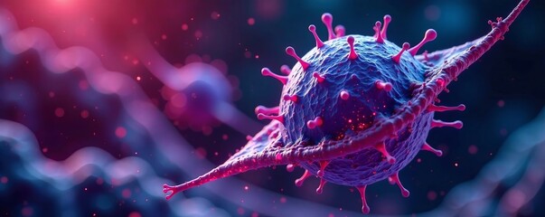 Microscopic view of a virus with vibrant colors on a vivid background.