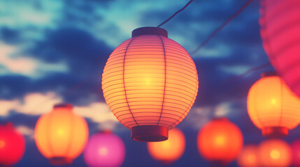 Obraz premium Colorful Lanterns Illuminating the Evening Sky at a Celebratory Festival with a Beautiful Twilight Background