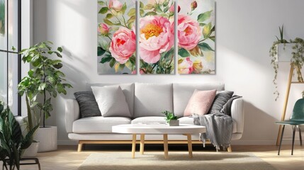 Three pink flower artworks hang above a modern white sofa