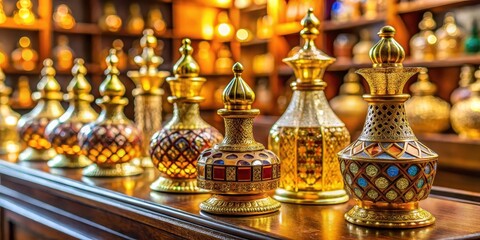 Traditional Arabic perfume bottles with ornate gold caps sit atop a decorative wooden display case in a luxurious gift shop, gold cap, traditional decor