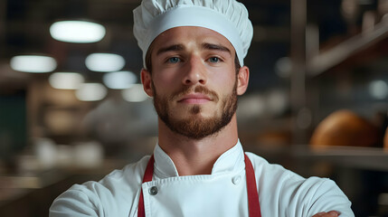 Portrait of a Focused Male Chef in a Professional Kitchen