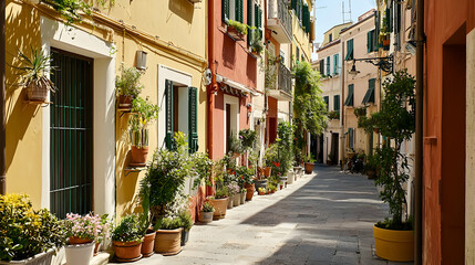 Fototapeta premium Narrow Street with Colorful Buildings and Lush Greenery in Southern Europe During Sunny Day