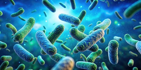 A cluster of bacteria floating in a vibrant blue background with scattered algae and tiny particles, creating a sense of movement and fluidity, Nature, Fungal Growth