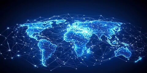 Futuristic Blue Digital World Map with Network Connections and Lights