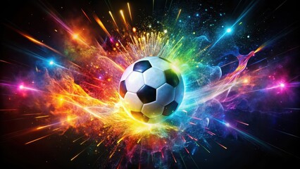 Fototapeta premium Vibrant explosion of colorful sparks emanating from a soccer ball as it bursts into radiant energy, colorful fragments, vibrant explosion