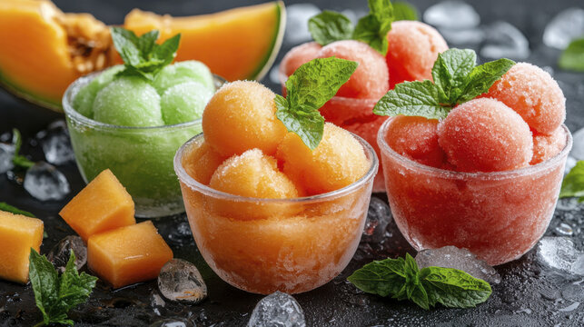 Delightful fruit sorbets in colorful bowls, garnished with mint leaves, evoke refreshing summer vibe