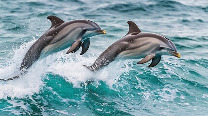 Obraz premium Pair of playful dolphins leaping out of the turquoise waves synchronized movement stunning ocean backdrop detailed wildlife photography bright and cheerful tones