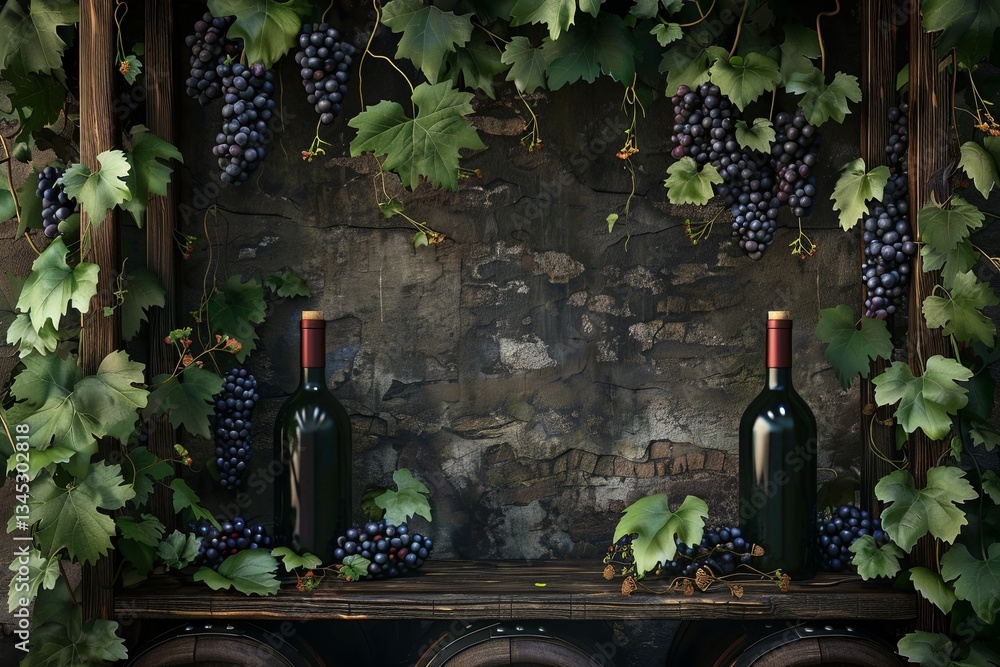 Poster Grape vines surround wine bottles in a rustic winery setting for wine enthusiasts and connoisseurs Generative AI