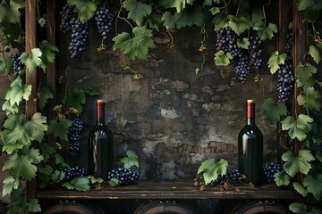 Grape vines surround wine bottles in a rustic winery setting for wine enthusiasts and connoisseurs Generative AI
