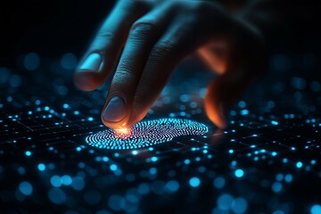 A human finger is scanning a digital fingerprint for access