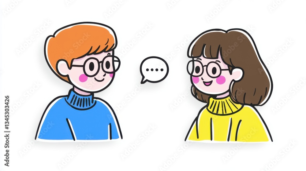Poster two cartoon characters having a friendly conversation with speech bubbles and vibrant colors in a pl