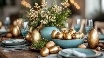 Elegant Easter table setting featuring golden eggs, greenery, and decorative elements in a cozy atmosphere