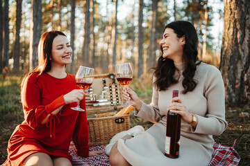 Two young caucasian woman have picnic drink wine in the forest