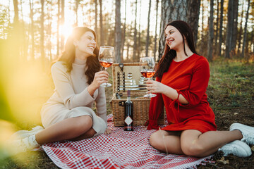 Two young caucasian woman have picnic drink wine in the forest