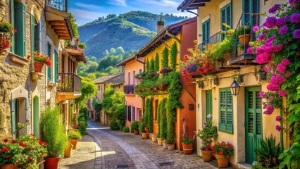 Picturesque cobblestone street lined with vibrant flower-adorned houses, idyllic mountain backdrop