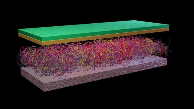 Cross-section of Layered insulated waterproof fabric. Multilayered insulation inside fabric. Heat retention inside well insulated material. Materials with thermal retention. 3d animation render