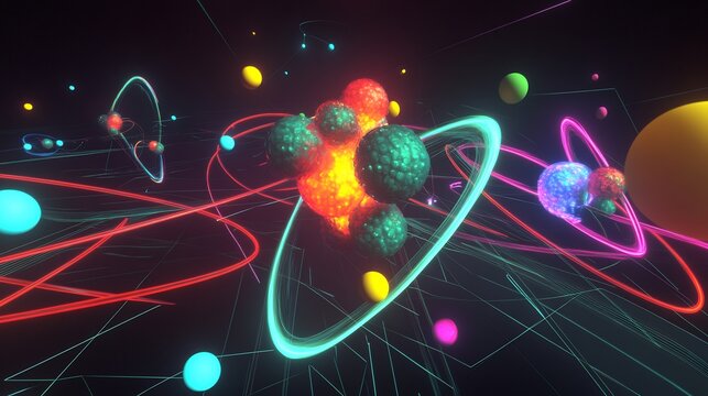 Abstract 3D model of atomic structure glowing orbitals and a dynamic nucleus emphasizing protons neutrons and electrons