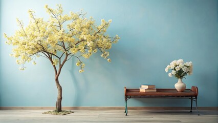 Serene interior scene featuring a blossoming yellow tree and a vase of white flowers, elegantly placed against a tranquil light-blue wall, complemented by a rustic wooden bench with stacked books.
