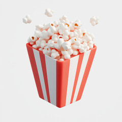 3D Popcorn Bucket Icon in Air, Red and White Striped Design.