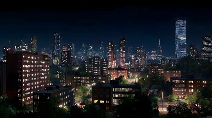 Fototapeta premium Night City Skyline View Featuring Illuminated Buildings Trees and Roads Under A Dark Sky