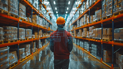 Warehouse Worker Inventory Management Digital Overlay Modern Technology Futuristic Logistics Distribution Center Efficient Supply 