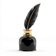 Black and Gold Quill and Inkpot Icon, 3D Floating Style.