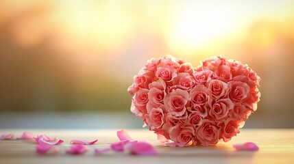 Fototapeta premium Heart-shaped pink rose bouquet at sunset
