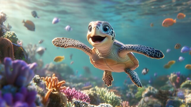 Happy baby sea turtle swimming amidst vibrant coral reef and colorful fish