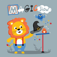 Fototapeta premium Lion performing magic tricks with a hat, birds, and 