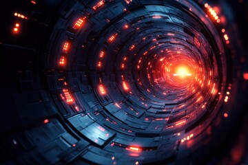 Fototapeta premium Futuristic tunnel, glowing lights, circular pathway, technological interior