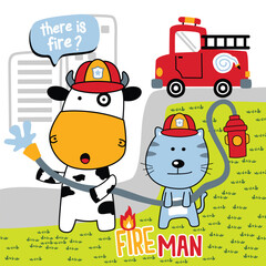 Two cute animals in firefighter hats with fire truck and water hose. Firefighter concept
