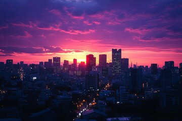 Obraz premium A vibrant cityscape illuminated by a colorful evening sunset