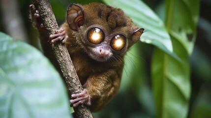Obraz premium Peculiar tarsier clinging to a vine in the dense Philippine jungle its enormous eyes glowing under the moonlight
