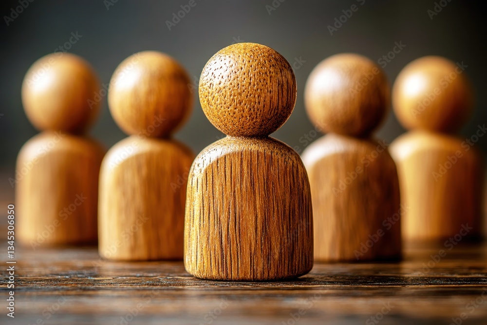 Poster wooden figures representing unity and community with five simple shapes on a rustic wooden surface