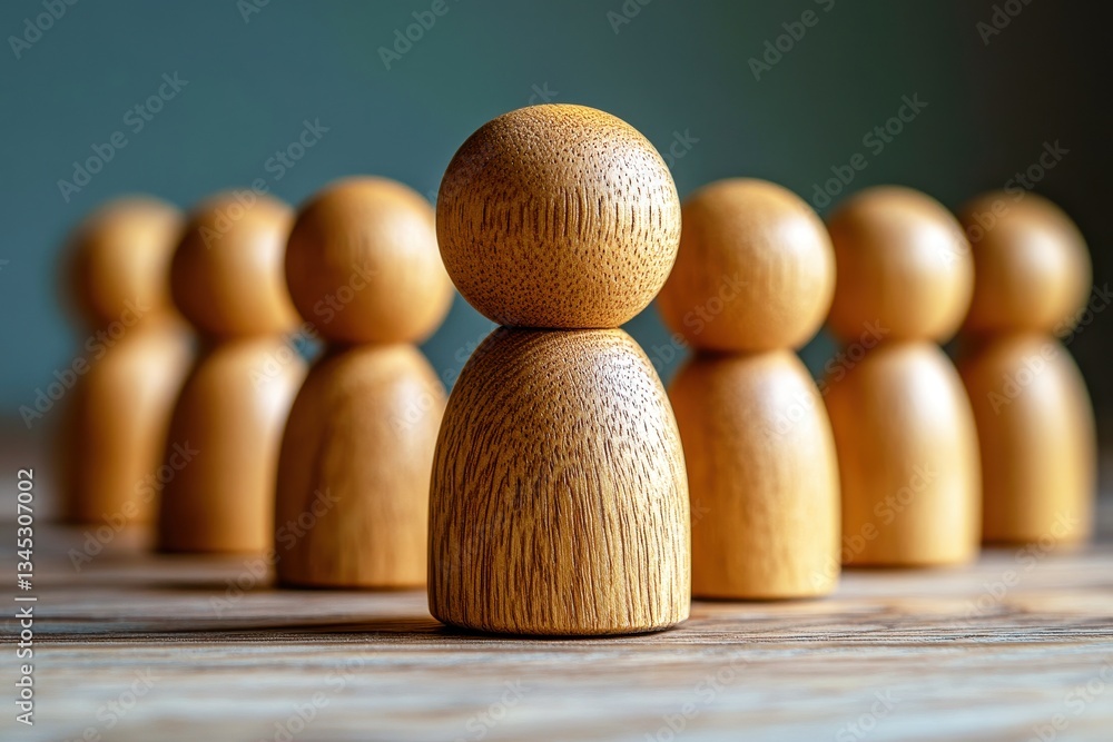 Poster wooden figurines representing teamwork and collaboration with one figure standing out from the group