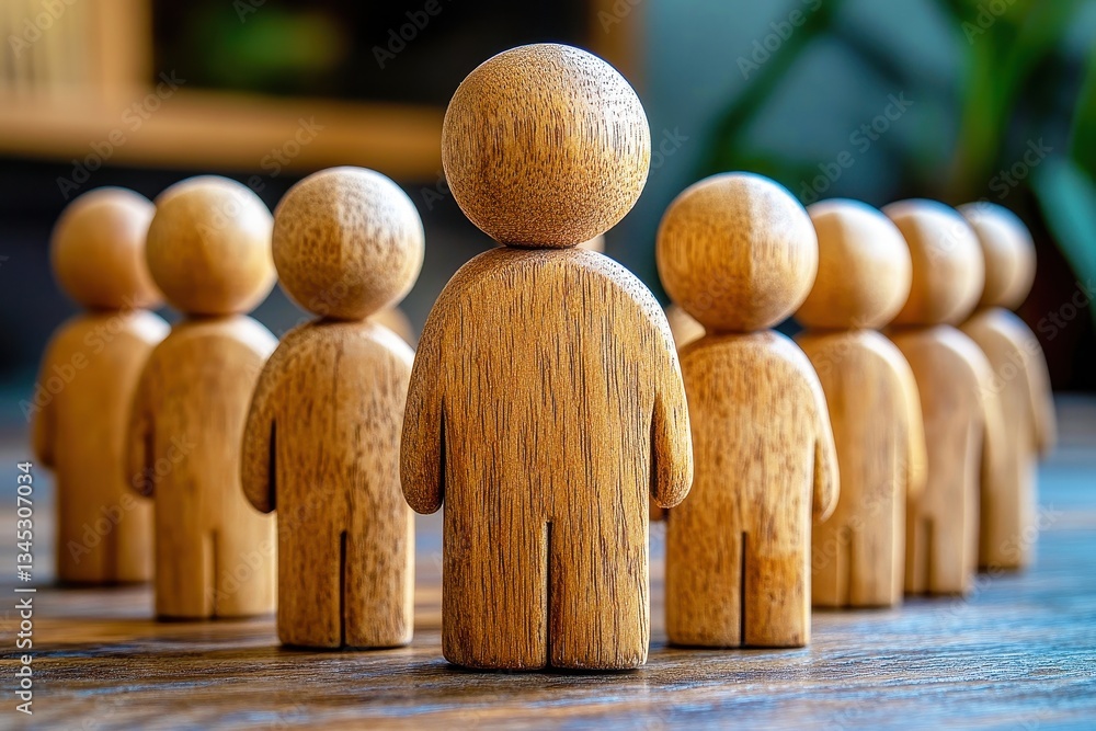 Poster wooden figurines representing teamwork and collaboration in a creative environment with soft lightin