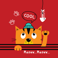 Cute cartoon cat reaching for a fish toy while saying 