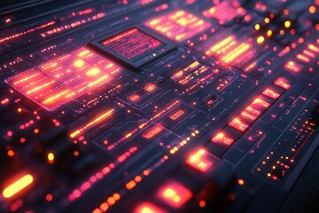 Obraz premium Futuristic circuit board panel glowing with red light
