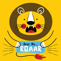 Cute cartoon lion roaring and holding a 