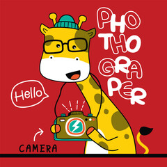 Cute cartoon giraffe photographer wearing glasses and holding a camera. Photography fun concept
