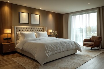 Modern bedroom interior with beige bed and city view