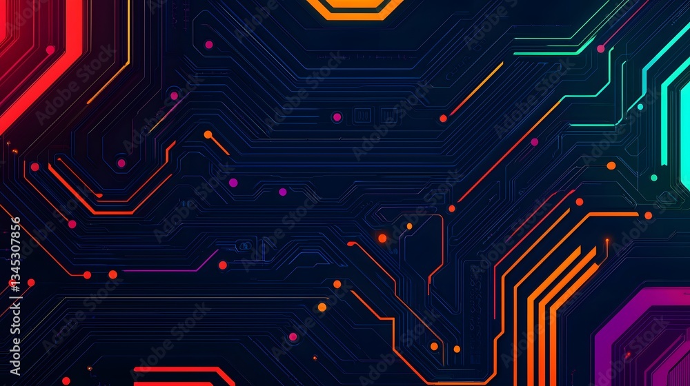 Poster abstract technology background neon circuit board design with glowing lines and dots