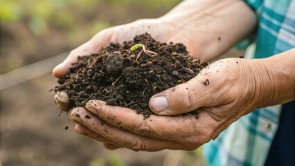 Sustainable agriculture concept. Hands holding soil with a small plant sprouting inside.