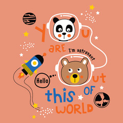 Cute cartoon panda and bear astronauts floating in space with a rocket and stars. Outer space adventure concept
