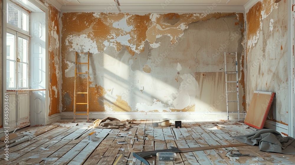 Aufkleber Empty room undergoing renovation with removed wallpaper and scattered tools creating a sense of anticipation for change Generative AI