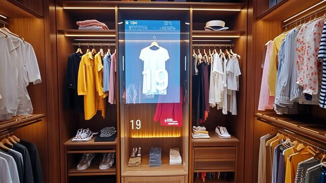 Smart wardrobe with digital interface displaying clothes, organization and technology