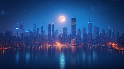 Fototapeta premium City skyline at night with full moon reflecting in water
